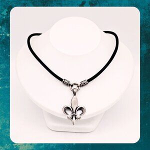 Bico Fleur De Lis Necklace Black Cord Choker Silver Tone Gothic Pendant
